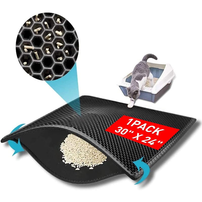 kaxionage Large Cat Litter Box Mat: Easy Clean Kitty Litter Trapping Mat for Floor, Plastic Cat Box Pad (24 * 30in-Black-1) - Image 1